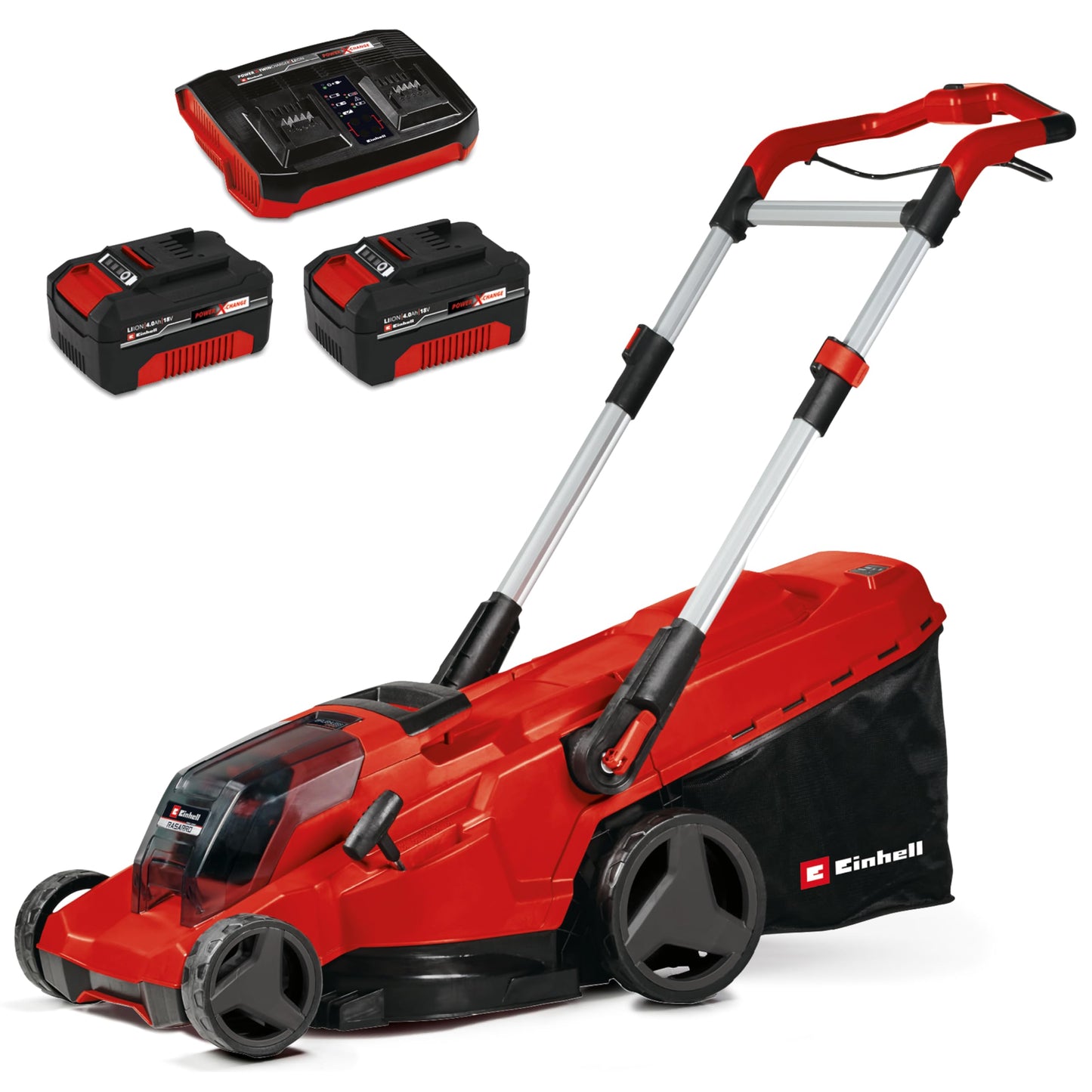 Einhell Akku-Rasenmäher GE-CM 43 Li M Kit Power X-Change (36V, 43 cm Schnittbreite, bis 600 m², Brushless, Mulch-Kit, 63L Fangkorb, 25-75 mm Schnitthöhe, inkl. 2x 4,0Ah + 2x Ladegerät)