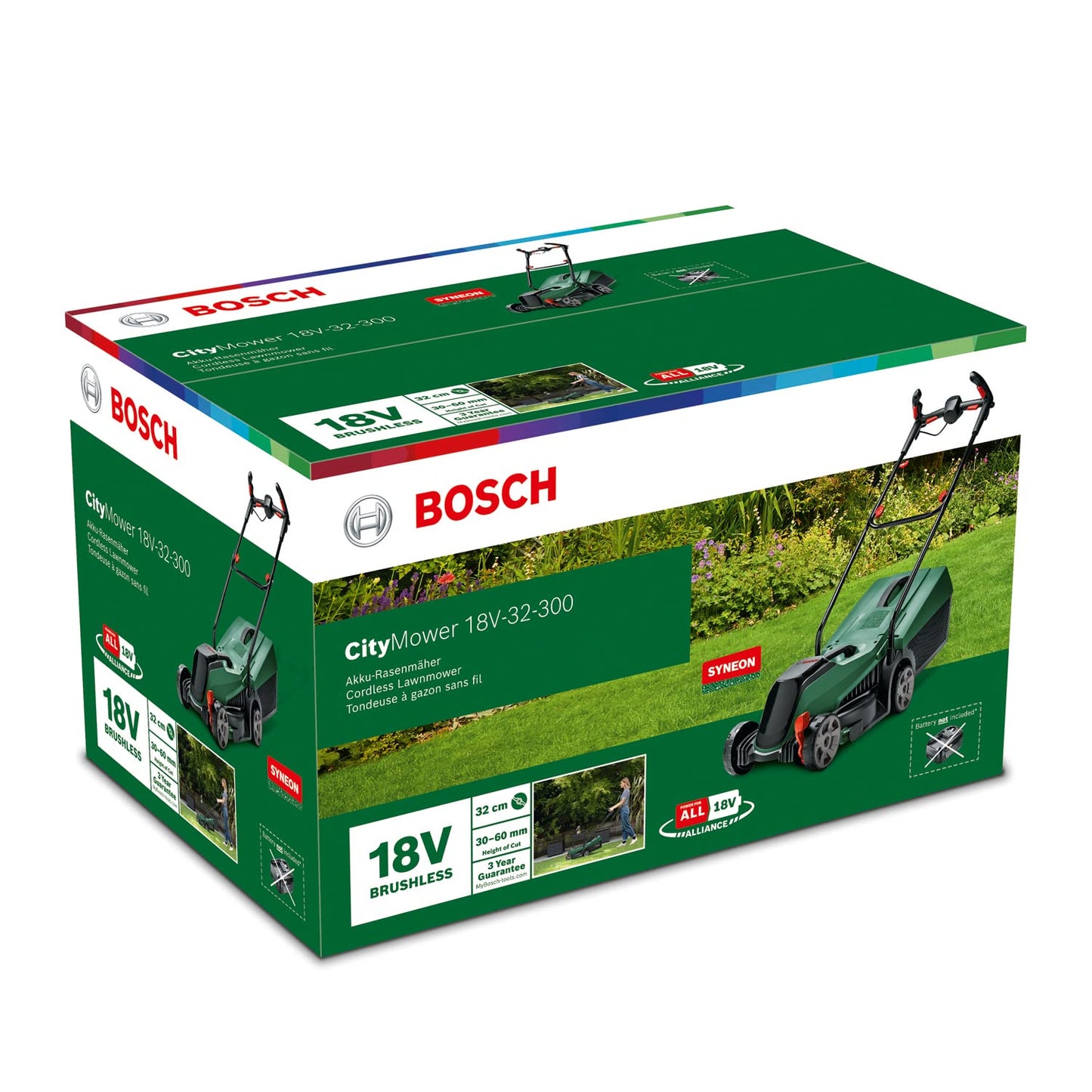 Bosch CityMower 18V-32-300 Cordless Lawnmower (18 Volt, 1 x 4.0 Ah Battery, Cutting Width: 32 cm, Lawns up to 300 m², in Box)