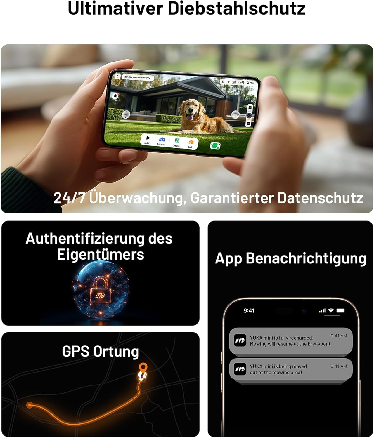 MAMMOTION YUKA Mini 500 Mähroboter ohne Begrenzungskabel, NetRTK+Vision, Keine RTK-Antenne erforderlich, Auto-Kartierung, Empf. 500m²,mit 4G-Modul, 50% Steigung