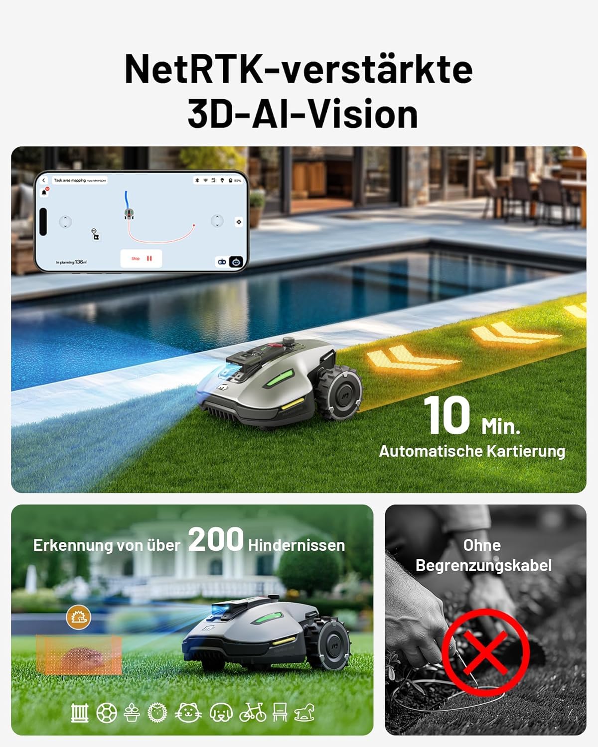 MAMMOTION YUKA Mini 500 Mähroboter ohne Begrenzungskabel,Empf. 500 m², NetRTK+Vision Rasenmäher Roboter, KI Smarte Hindernisvermeidung Rasenroboter, App-Steuerung mit 4G-Modul, 50% Steigung