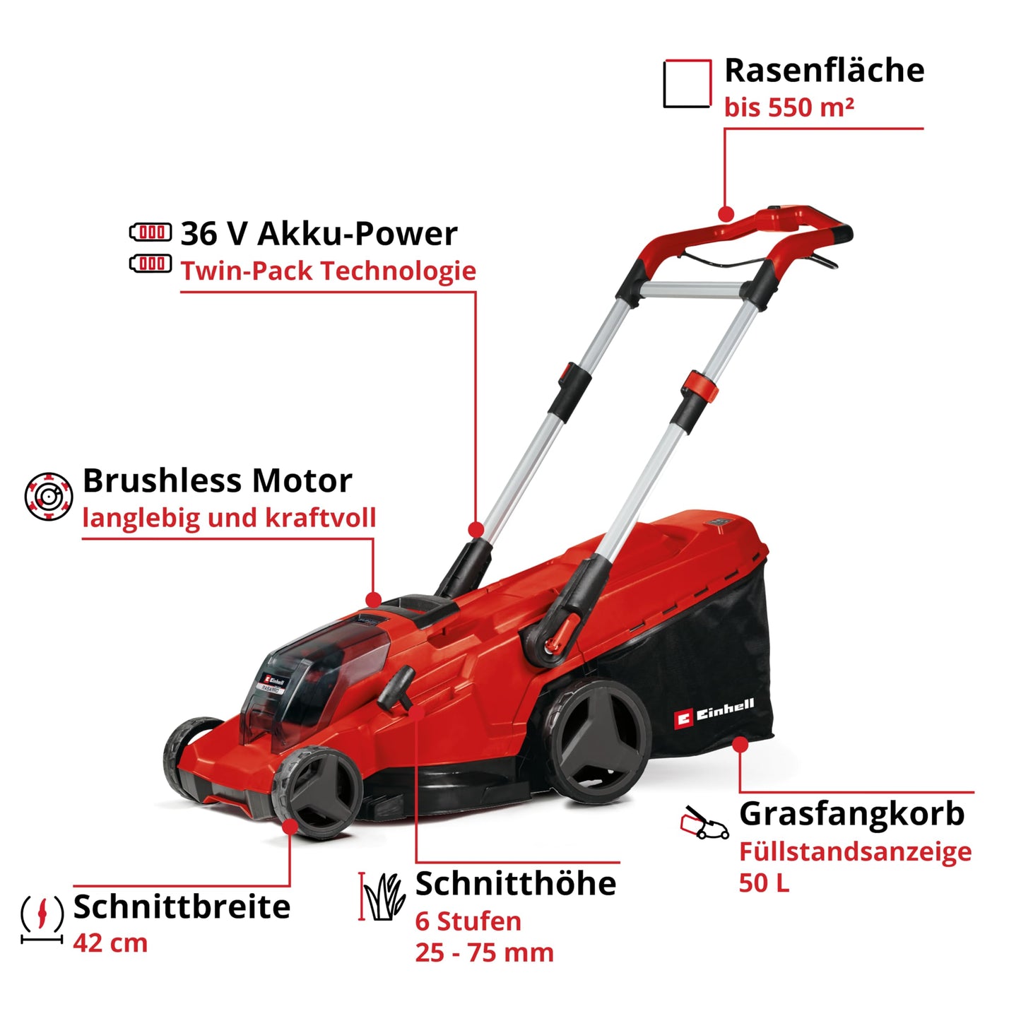 Einhell Akku-Rasenmäher GE-CM 43 Li M Kit Power X-Change (36V, 43 cm Schnittbreite, bis 600 m², Brushless, Mulch-Kit, 63L Fangkorb, 25-75 mm Schnitthöhe, inkl. 2x 4,0Ah + 2x Ladegerät)