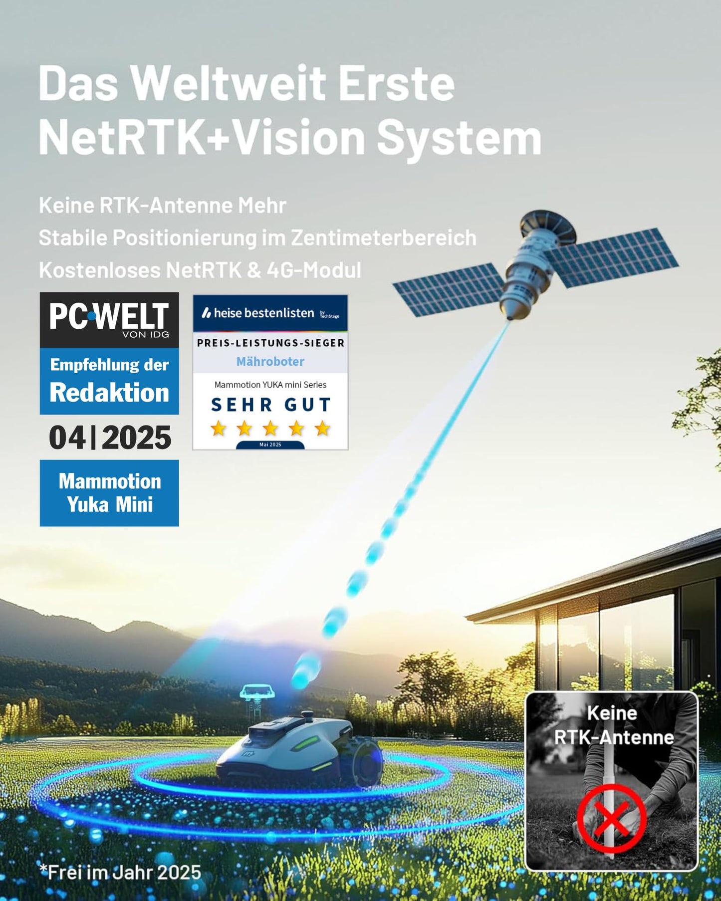 MAMMOTION YUKA Mini 500 Mähroboter ohne Begrenzungskabel,Empf. 500 m², NetRTK+Vision Rasenmäher Roboter, KI Smarte Hindernisvermeidung Rasenroboter, App-Steuerung mit 4G-Modul, 50% Steigung