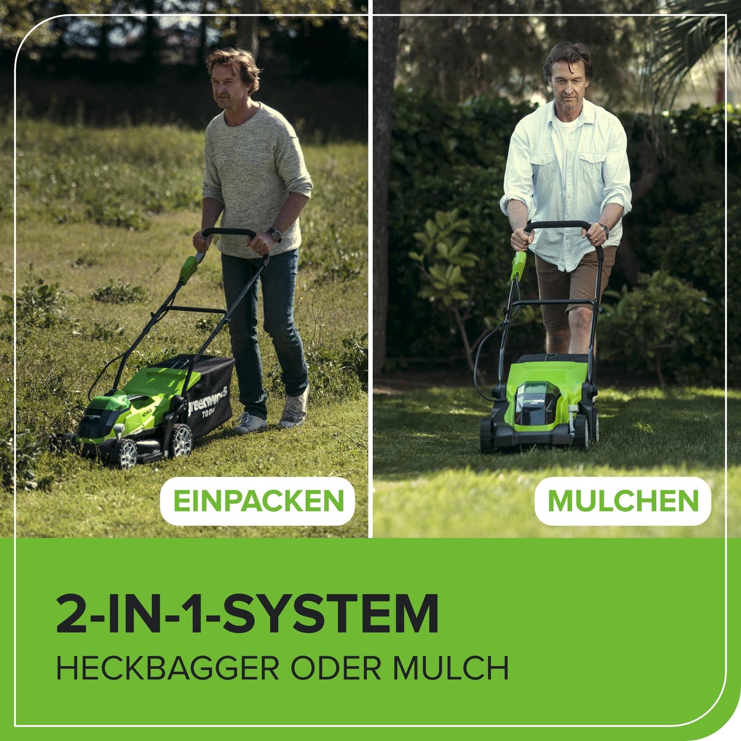 Greenworks 40V Kabelloser Akku Rasenmäher für Flächen bis zu 400 m², 35 cm Schnittbreite G40LM35K2X, 40-Liter-Sack PLUS zwei 40 V 2Ah-Akkus und Ladegerät, 3 Jahre Garantie