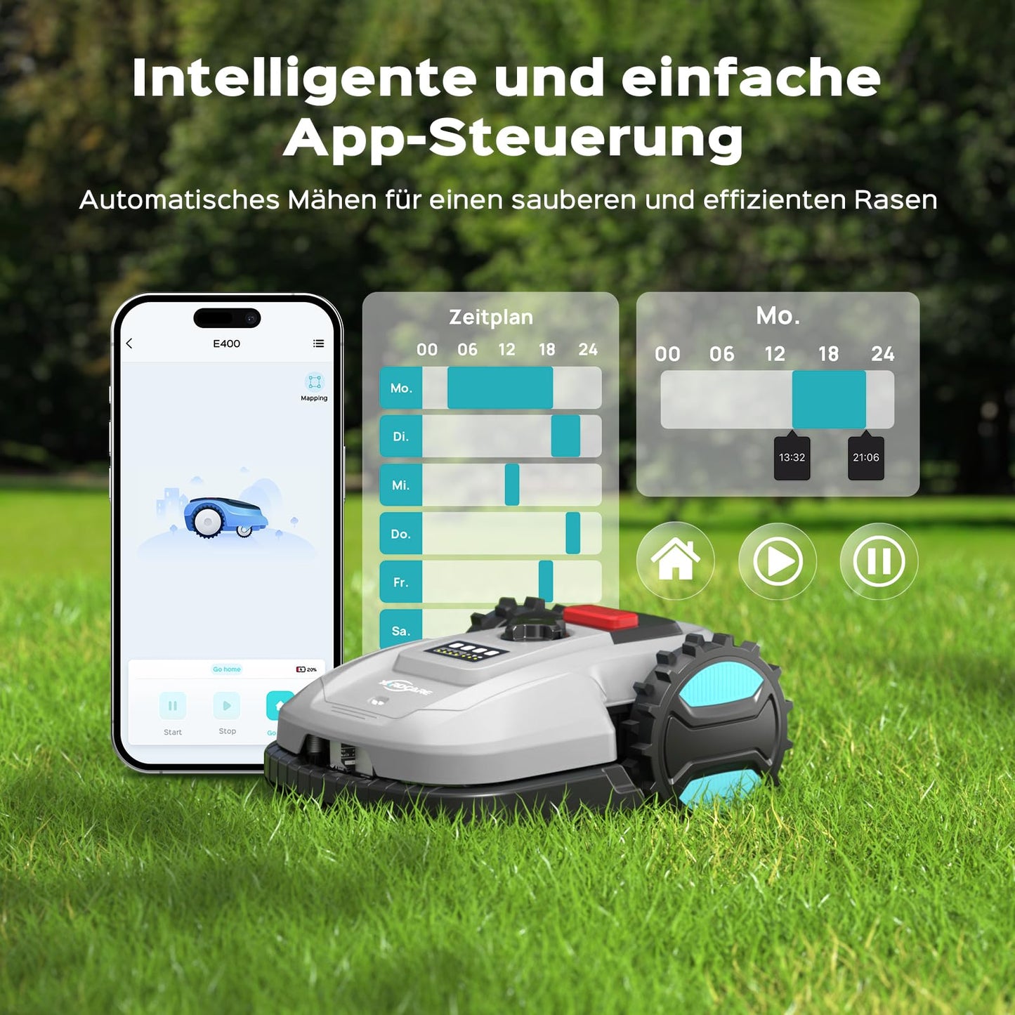 YARDCARE E400 Mähroboter mit App Steuerung,Max. bis zu 400m²,Automatisches Aufladen,Rasenmäher Roboter mit 20-60mm Schnitthöhe Rasenroboter,Weniger als 60 dB,RegenSensor