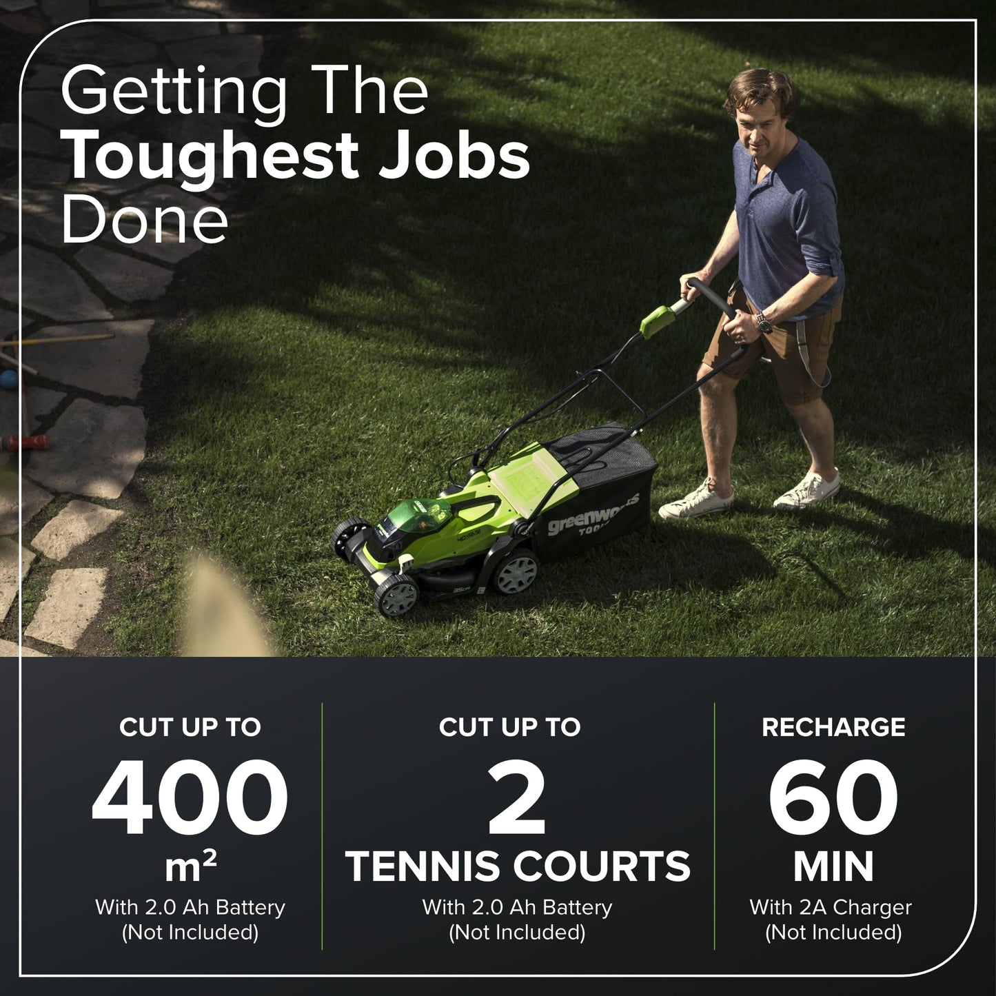 Greenworks 40V Kabelloser Akku Rasenmäher für Flächen bis zu 400 m², 35 cm Schnittbreite G40LM35K2X, 40-Liter-Sack PLUS zwei 40 V 2Ah-Akkus und Ladegerät, 3 Jahre Garantie