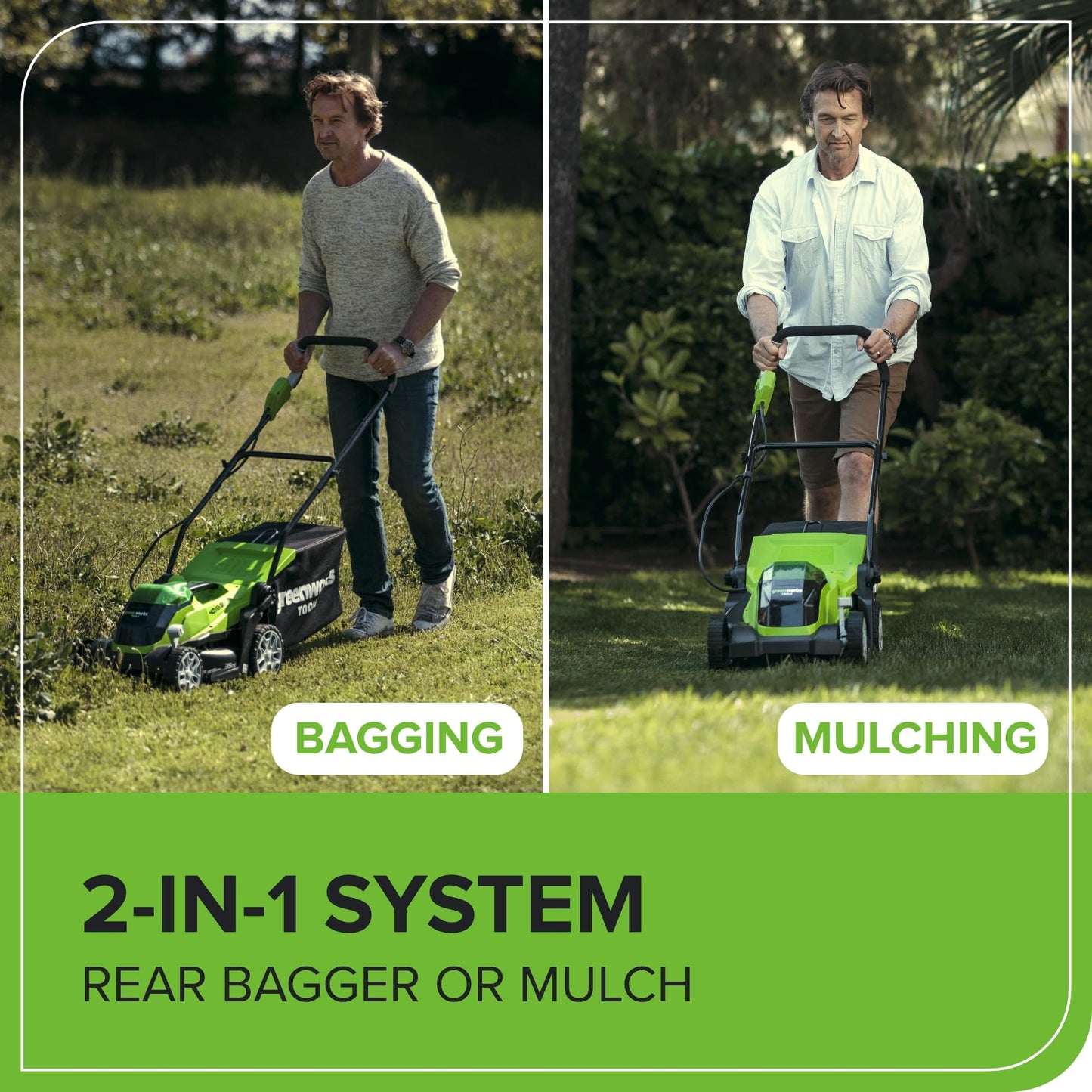 Greenworks 40V Kabelloser Akku Rasenmäher für Flächen bis zu 400 m², 35 cm Schnittbreite G40LM35K2X, 40-Liter-Sack PLUS zwei 40 V 2Ah-Akkus und Ladegerät, 3 Jahre Garantie