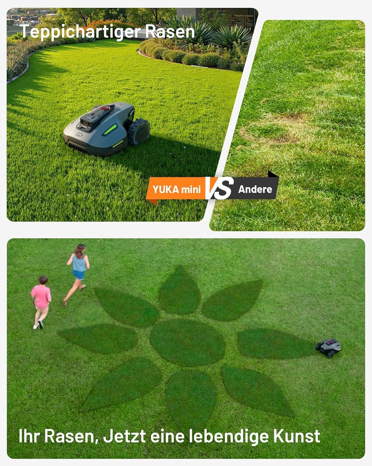 MAMMOTION YUKA Mini 500 Mähroboter ohne Begrenzungskabel,Empf. 500 m², NetRTK+Vision Rasenmäher Roboter, KI Smarte Hindernisvermeidung Rasenroboter, App-Steuerung mit 4G-Modul, 50% Steigung