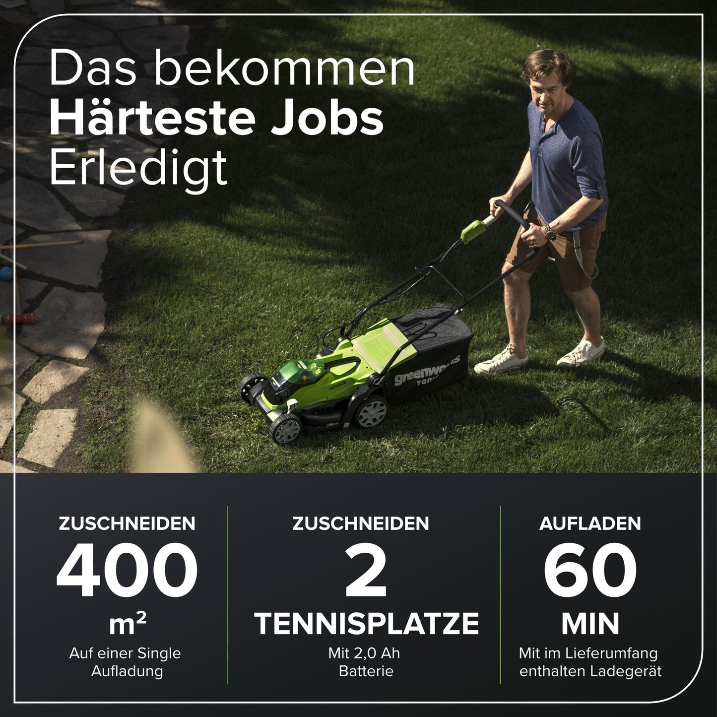 Greenworks 40V Kabelloser Akku Rasenmäher für Flächen bis zu 400 m², 35 cm Schnittbreite G40LM35K2X, 40-Liter-Sack PLUS zwei 40 V 2Ah-Akkus und Ladegerät, 3 Jahre Garantie