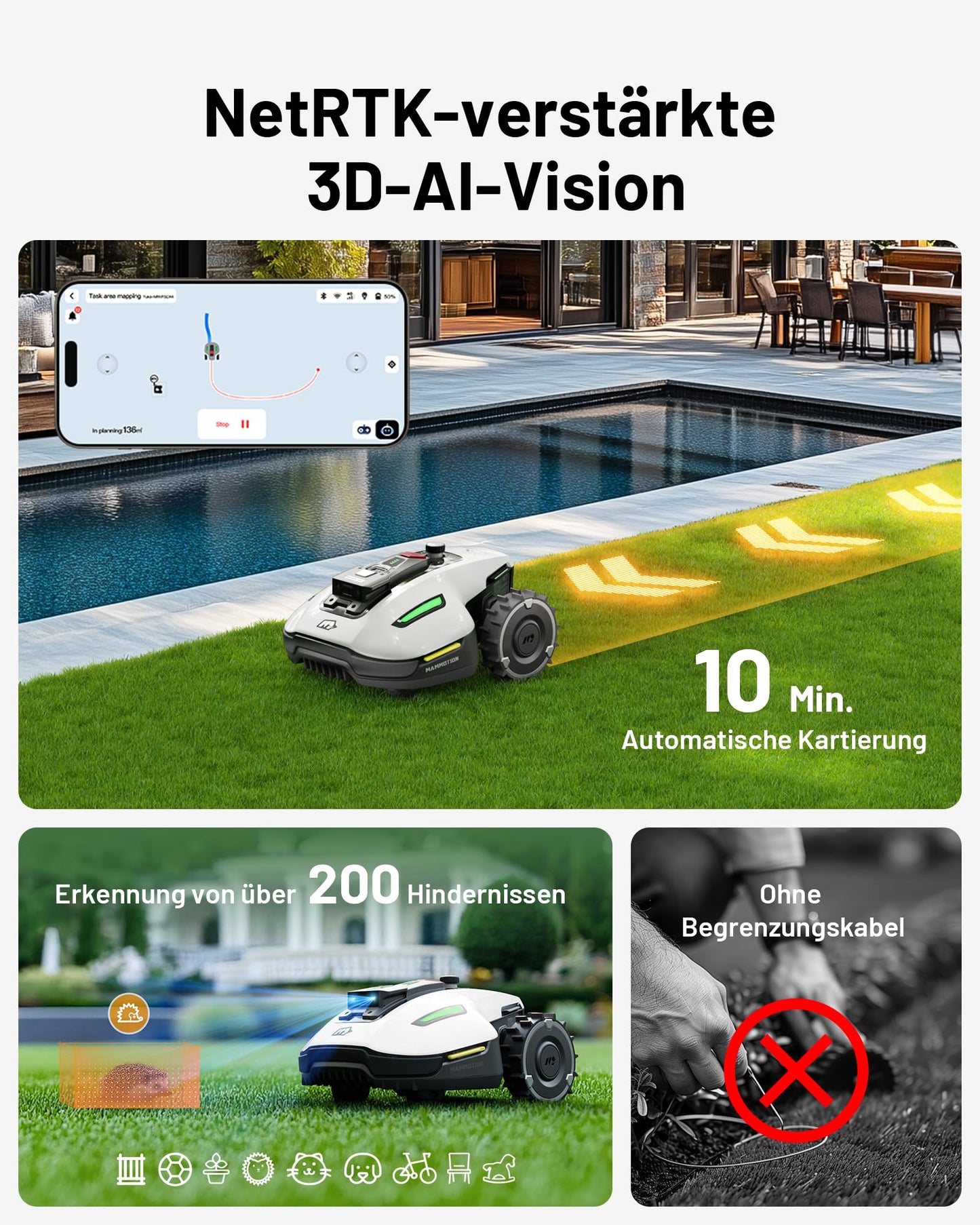 MAMMOTION YUKA Mini 500 Mähroboter ohne Begrenzungskabel,Empf. 500 m², NetRTK+Vision Rasenmäher Roboter, KI Smarte Hindernisvermeidung Rasenroboter, App-Steuerung mit 4G-Modul, 50% Steigung