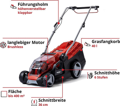 Einhell Akku-Rasenmäher GE-CM 36/36 Li Kit Power X-Change (36 V, 36 cm Schnittbreite, bis 400 m², Brushless, 40L Fangkorb, 25-75 mm Schnitthöhe, inkl. 2x 4,0 Ah Akku + 2x Ladegerät)