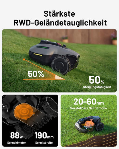MAMMOTION YUKA Mini 500 Mähroboter ohne Begrenzungskabel,Empf. 500 m², NetRTK+Vision Rasenmäher Roboter, KI Smarte Hindernisvermeidung Rasenroboter, App-Steuerung mit 4G-Modul, 50% Steigung