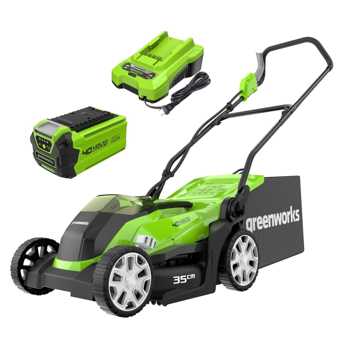 Greenworks 40V Kabelloser Akku Rasenmäher für Flächen bis zu 400 m², 35 cm Schnittbreite G40LM35K2X, 40-Liter-Sack PLUS zwei 40 V 2Ah-Akkus und Ladegerät, 3 Jahre Garantie