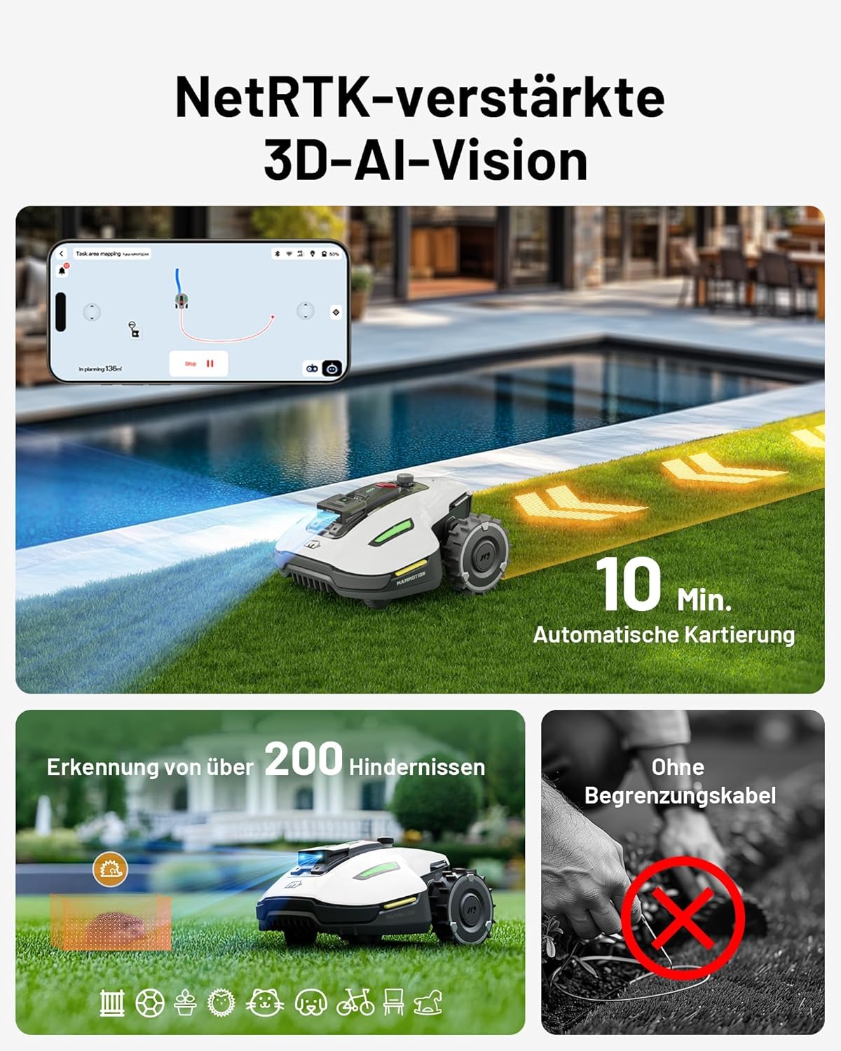 MAMMOTION YUKA Mini 500 Mähroboter ohne Begrenzungskabel, NetRTK+Vision, Keine RTK-Antenne erforderlich, Auto-Kartierung, Empf. 500m²,mit 4G-Modul, 50% Steigung