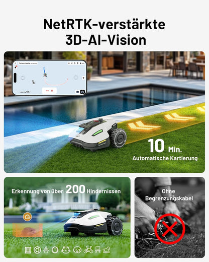 MAMMOTION YUKA Mini 500 Mähroboter ohne Begrenzungskabel, NetRTK+Vision, Keine RTK-Antenne erforderlich, Auto-Kartierung, Empf. 500m²,mit 4G-Modul, 50% Steigung
