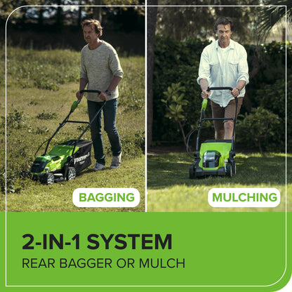 Greenworks 40V Kabelloser Akku Rasenmäher für Flächen bis zu 400 m², 35 cm Schnittbreite G40LM35K2X, 40-Liter-Sack PLUS zwei 40 V 2Ah-Akkus und Ladegerät, 3 Jahre Garantie
