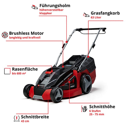 Einhell Akku-Rasenmäher GE-CM 43 Li M Kit Power X-Change (36V, 43 cm Schnittbreite, bis 600 m², Brushless, Mulch-Kit, 63L Fangkorb, 25-75 mm Schnitthöhe, inkl. 2x 4,0Ah + 2x Ladegerät)