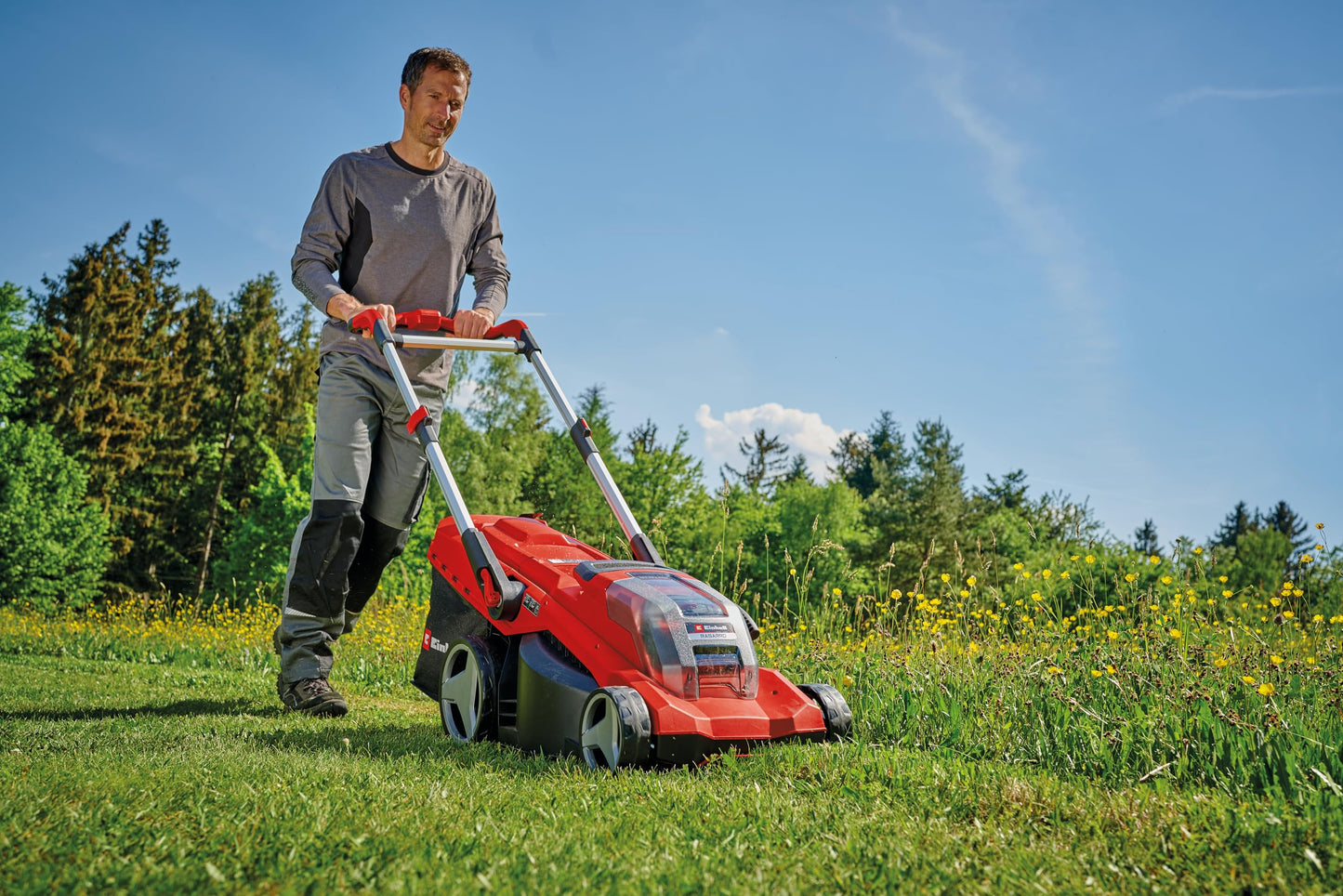 Einhell Akku-Rasenmäher GE-CM 43 Li M Kit Power X-Change (36V, 43 cm Schnittbreite, bis 600 m², Brushless, Mulch-Kit, 63L Fangkorb, 25-75 mm Schnitthöhe, inkl. 2x 4,0Ah + 2x Ladegerät)